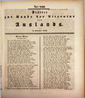 Blätter zur Kunde der Literatur des Auslands (Das Ausland) Sonntag 13. September 1840