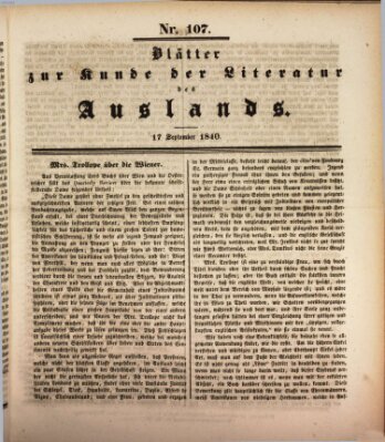 Blätter zur Kunde der Literatur des Auslands (Das Ausland) Donnerstag 17. September 1840