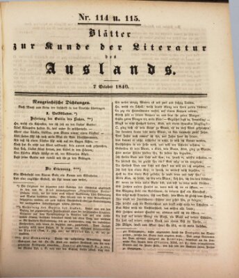 Blätter zur Kunde der Literatur des Auslands (Das Ausland) Mittwoch 7. Oktober 1840