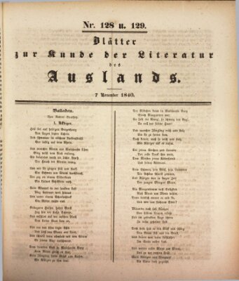 Blätter zur Kunde der Literatur des Auslands (Das Ausland) Samstag 7. November 1840