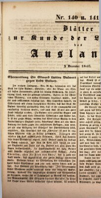 Blätter zur Kunde der Literatur des Auslands (Das Ausland) Donnerstag 3. Dezember 1840