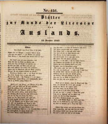 Blätter zur Kunde der Literatur des Auslands (Das Ausland) Mittwoch 23. Dezember 1840