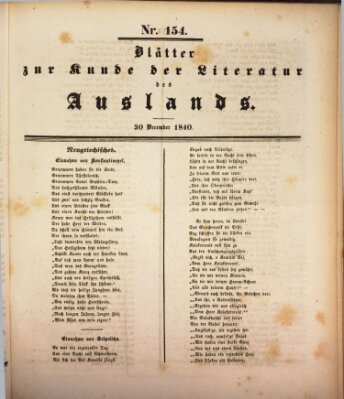 Blätter zur Kunde der Literatur des Auslands (Das Ausland) Mittwoch 30. Dezember 1840