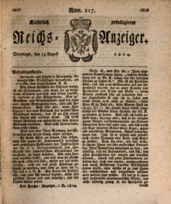 Kaiserlich privilegirter Reichs-Anzeiger (Allgemeiner Anzeiger der Deutschen) Dienstag 14. August 1804