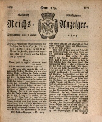 Kaiserlich privilegirter Reichs-Anzeiger (Allgemeiner Anzeiger der Deutschen) Donnerstag 16. August 1804