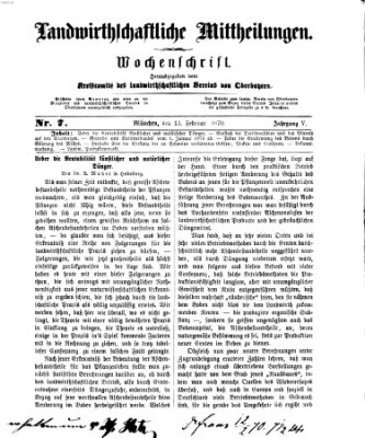 Landwirthschaftliche Mittheilungen Sonntag 13. Februar 1870