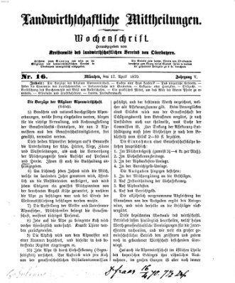 Landwirthschaftliche Mittheilungen Sonntag 17. April 1870