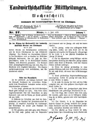 Landwirthschaftliche Mittheilungen Sonntag 3. Juli 1870