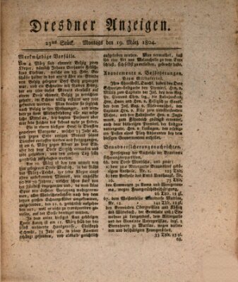 Dresdner Anzeigen Montag 19. März 1804