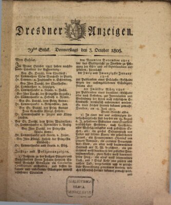 Dresdner Anzeigen Donnerstag 3. Oktober 1805