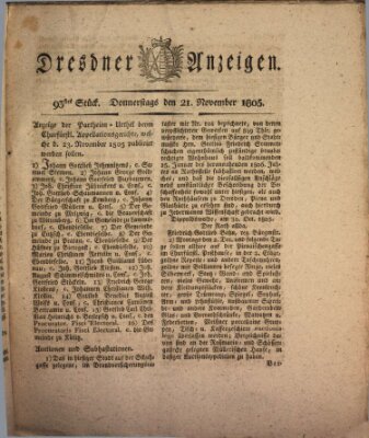 Dresdner Anzeigen Donnerstag 21. November 1805