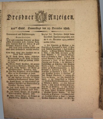 Dresdner Anzeigen Donnerstag 19. Dezember 1805