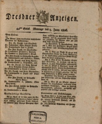 Dresdner Anzeigen Montag 2. Juni 1806