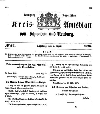 Königlich Bayerisches Kreis-Amtsblatt von Schwaben und Neuburg Samstag 2. April 1870