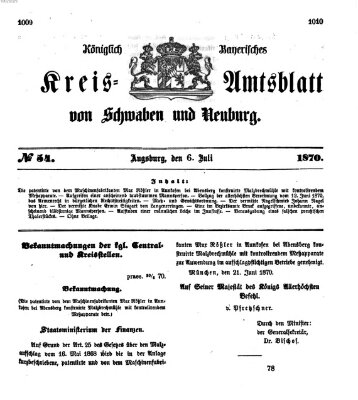 Königlich Bayerisches Kreis-Amtsblatt von Schwaben und Neuburg Mittwoch 6. Juli 1870