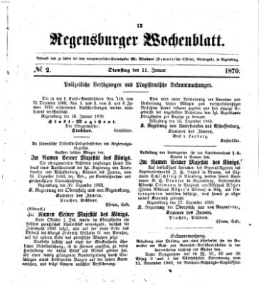 Regensburger Wochenblatt Dienstag 11. Januar 1870