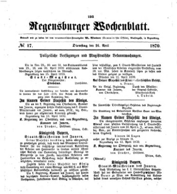 Regensburger Wochenblatt Dienstag 26. April 1870