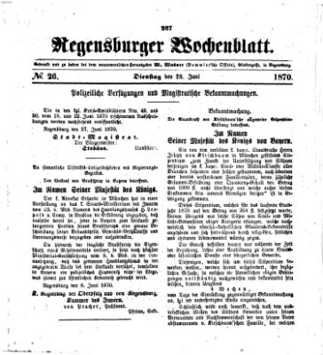 Regensburger Wochenblatt Dienstag 28. Juni 1870