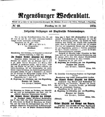 Regensburger Wochenblatt Dienstag 19. Juli 1870