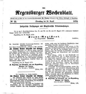 Regensburger Wochenblatt Dienstag 30. August 1870