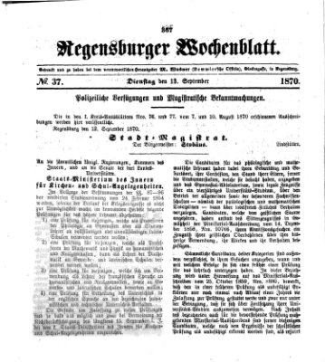 Regensburger Wochenblatt Dienstag 13. September 1870