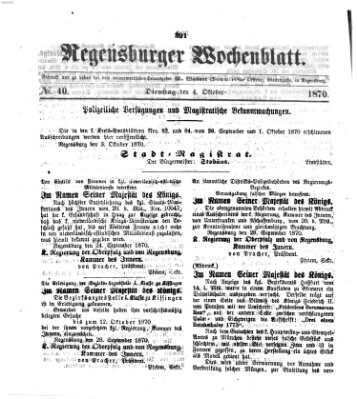 Regensburger Wochenblatt Dienstag 4. Oktober 1870