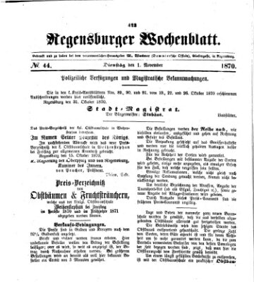 Regensburger Wochenblatt Dienstag 1. November 1870