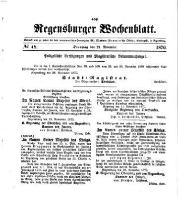 Regensburger Wochenblatt Dienstag 29. November 1870