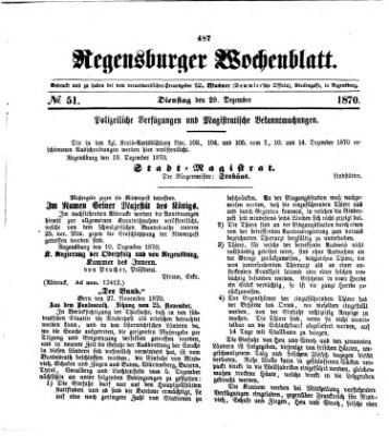 Regensburger Wochenblatt Dienstag 20. Dezember 1870