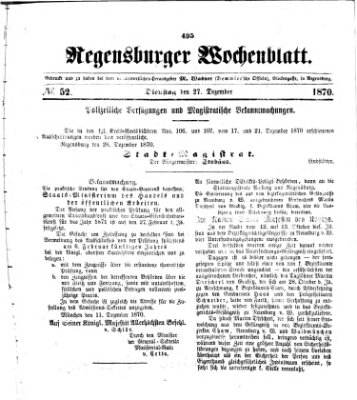 Regensburger Wochenblatt Dienstag 27. Dezember 1870