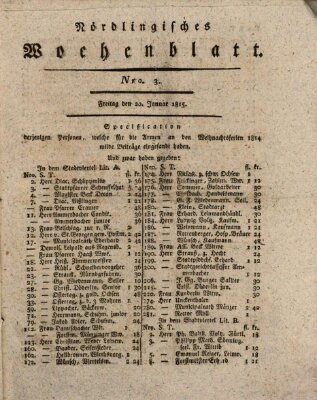 Nördlingisches Intelligenz- und Wochenblatt (Intelligenzblatt der Königlich Bayerischen Stadt Nördlingen) Freitag 20. Januar 1815