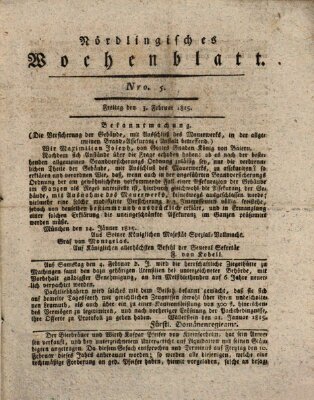 Nördlingisches Intelligenz- und Wochenblatt (Intelligenzblatt der Königlich Bayerischen Stadt Nördlingen) Freitag 3. Februar 1815