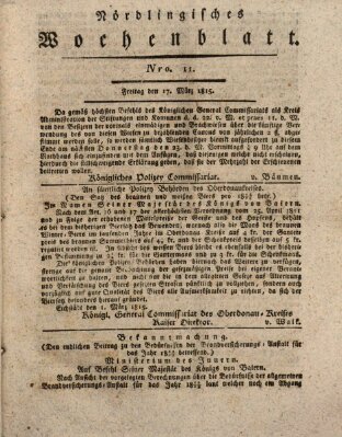 Nördlingisches Intelligenz- und Wochenblatt (Intelligenzblatt der Königlich Bayerischen Stadt Nördlingen) Freitag 17. März 1815