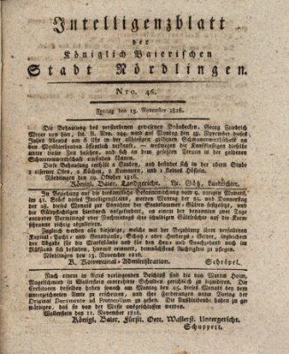 Intelligenzblatt der Königlich Bayerischen Stadt Nördlingen Freitag 15. November 1816