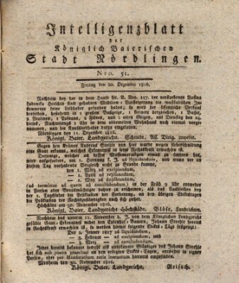 Intelligenzblatt der Königlich Bayerischen Stadt Nördlingen Freitag 20. Dezember 1816