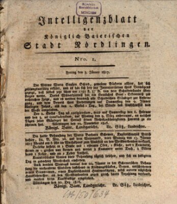 Intelligenzblatt der Königlich Bayerischen Stadt Nördlingen Freitag 3. Januar 1817