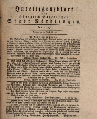 Intelligenzblatt der Königlich Bayerischen Stadt Nördlingen Freitag 2. Juli 1819