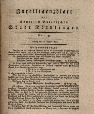 Intelligenzblatt der Königlich Bayerischen Stadt Nördlingen Freitag 20. August 1819