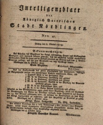 Intelligenzblatt der Königlich Bayerischen Stadt Nördlingen Freitag 8. Oktober 1819