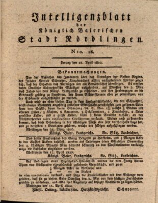 Intelligenzblatt der Königlich Bayerischen Stadt Nördlingen Freitag 21. April 1820