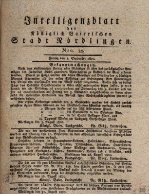 Intelligenzblatt der Königlich Bayerischen Stadt Nördlingen Freitag 1. September 1820