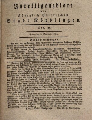 Intelligenzblatt der Königlich Bayerischen Stadt Nördlingen Freitag 8. September 1820