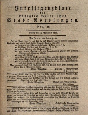 Intelligenzblatt der Königlich Bayerischen Stadt Nördlingen Freitag 15. September 1820