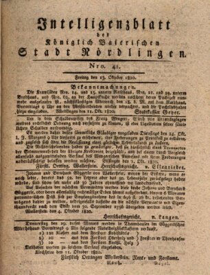 Intelligenzblatt der Königlich Bayerischen Stadt Nördlingen Freitag 13. Oktober 1820