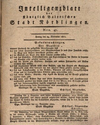 Intelligenzblatt der Königlich Bayerischen Stadt Nördlingen Freitag 24. November 1820