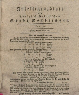 Intelligenzblatt der Königlich Bayerischen Stadt Nördlingen Freitag 20. April 1821