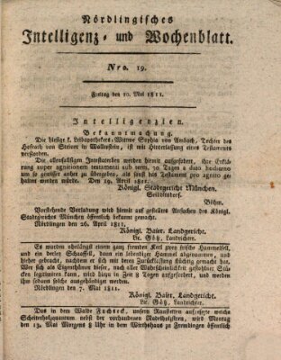 Nördlingisches Intelligenz- und Wochenblatt (Intelligenzblatt der Königlich Bayerischen Stadt Nördlingen) Freitag 10. Mai 1811