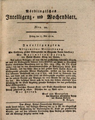 Nördlingisches Intelligenz- und Wochenblatt (Intelligenzblatt der Königlich Bayerischen Stadt Nördlingen) Freitag 17. Mai 1811