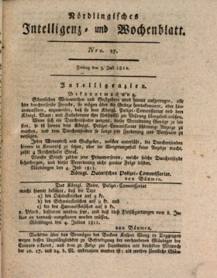 Nördlingisches Intelligenz- und Wochenblatt (Intelligenzblatt der Königlich Bayerischen Stadt Nördlingen) Freitag 5. Juli 1811