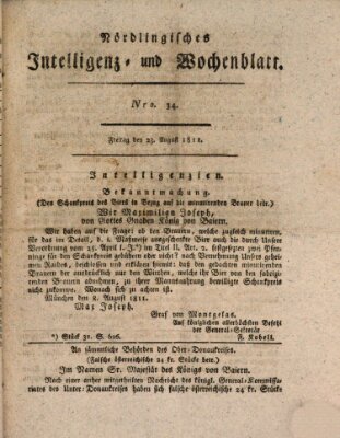 Nördlingisches Intelligenz- und Wochenblatt (Intelligenzblatt der Königlich Bayerischen Stadt Nördlingen) Freitag 23. August 1811